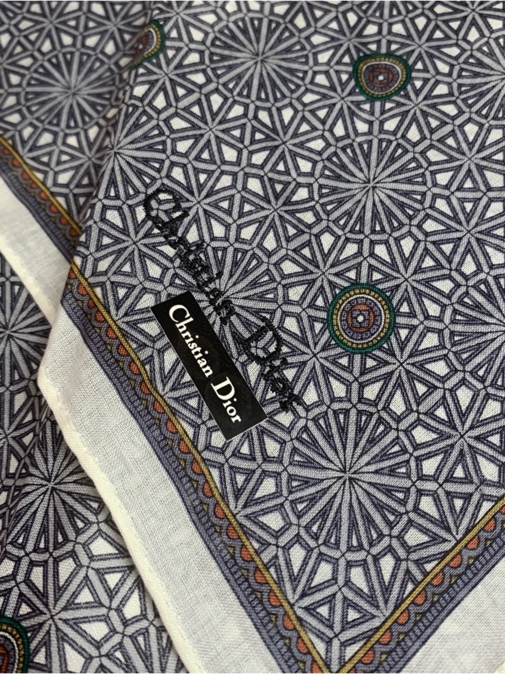 Christian Dior Geometric Print Handkerchief in Gray, Green & White - Picture 5 of 13